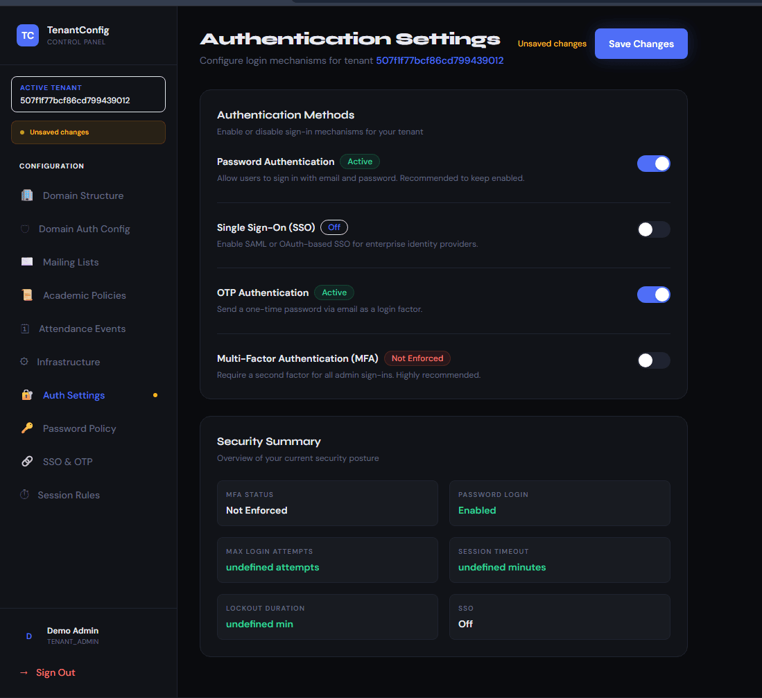 Tenant Configuration Control Panel screenshot 2
